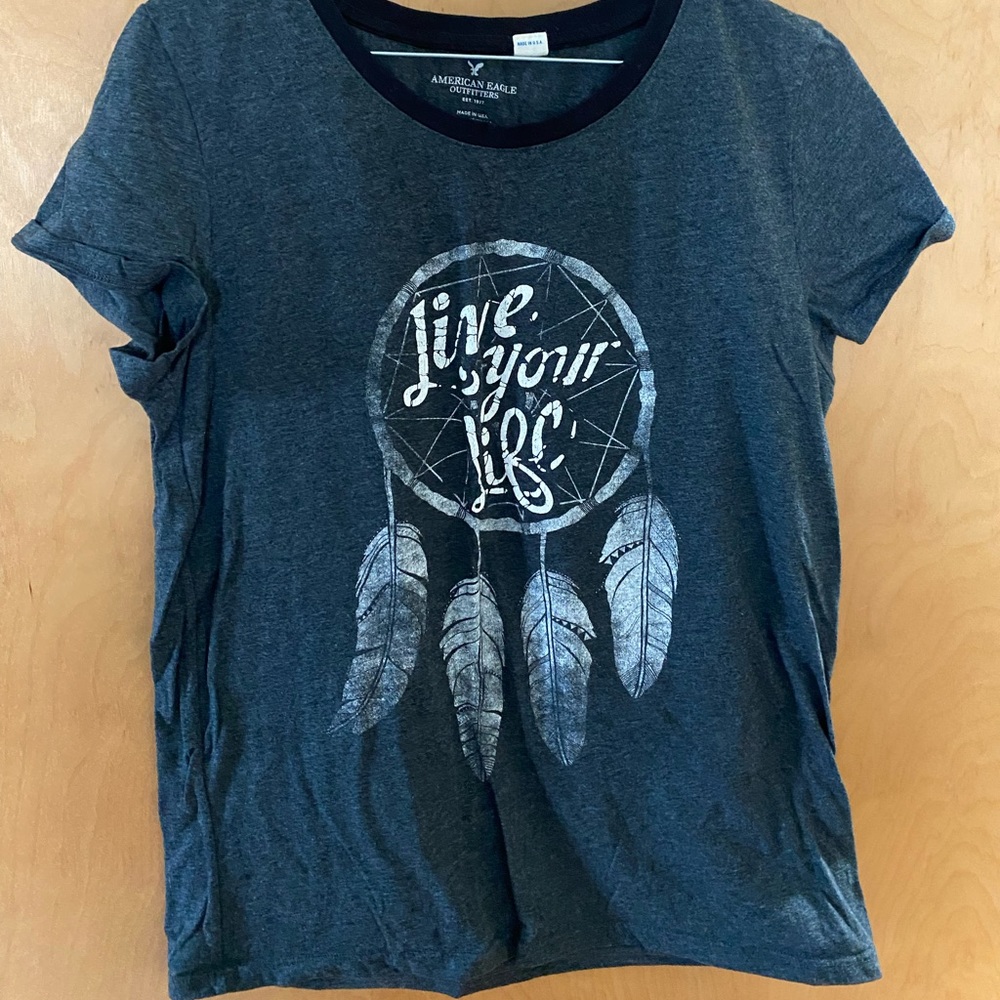American Eagle Outfitters Charcoal Gray Graphic Ringer Tee
